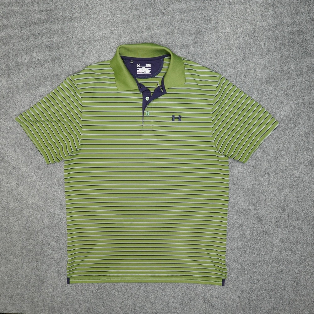Under Armour Shirt Mens Large Green Striped HeatGear Golf Performance Loose Fit